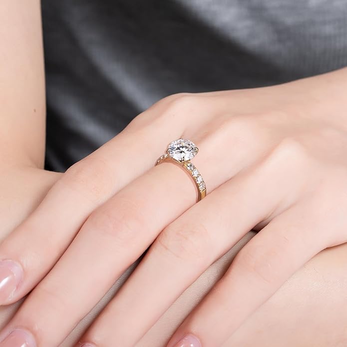 14K Solid Gold Side Stones Ring, Round/Princess Cut Centerpiece Moissanite Lab Grown Created Diamond, D Color and Flawless Real Gold Wedding Anniversary Ring