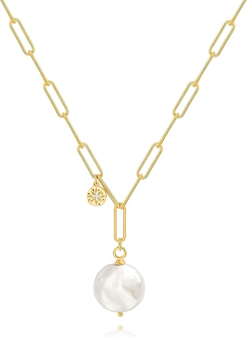 18k Gold Chain Link Necklace for Women, Baroque Pearl/Compass Pendant Necklace
