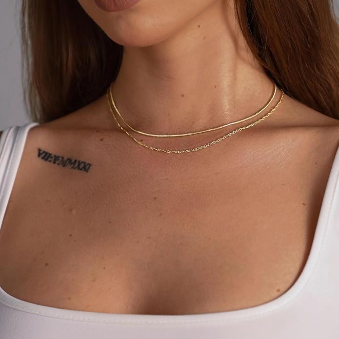 ASCOMY Layered Necklaces for Women Dainty Gold Necklace 14K Gold Plated Herringbone Necklace for Women Pearl Cross Necklace Paperclip Cuban Figaro Rope Satellite Chain Gold Choker Trendy Jewelry Gift