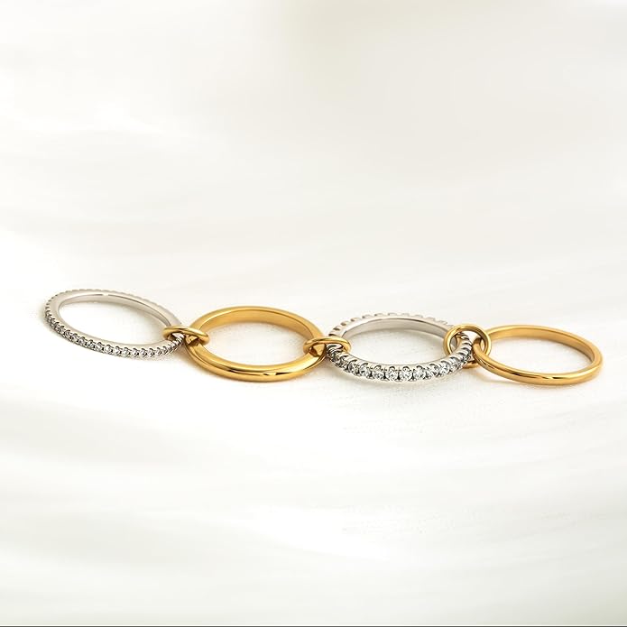 Gold Stackable Rings for Women Non Tarnish, 18k Gold Plated Cubic Zirconia Rings, Silver Gold Multi Ring Mixed Metals Stack Rings Set