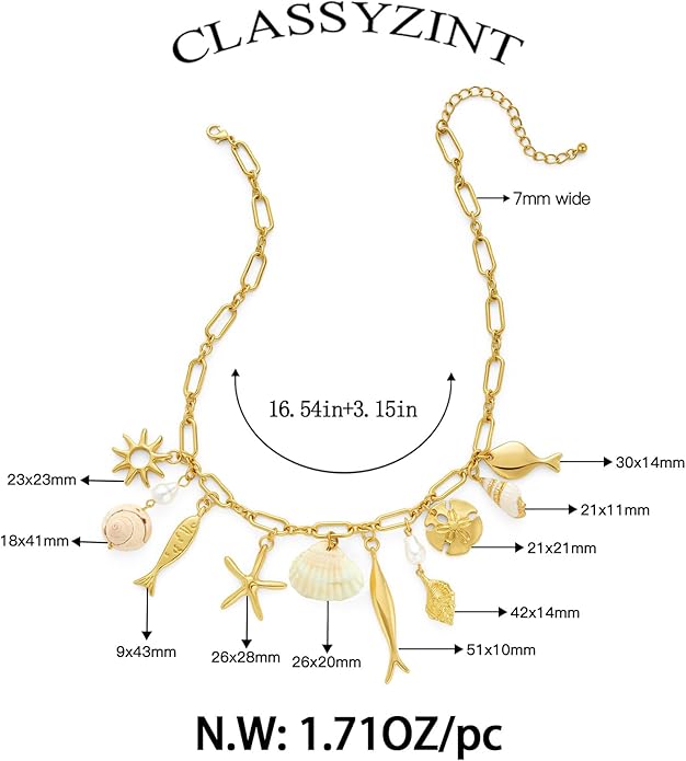 CLASSYZINT Gold Ocean Charms Necklace Shell Starfish Fish Necklace Chunky Acrylic Boho Beach Jewelry