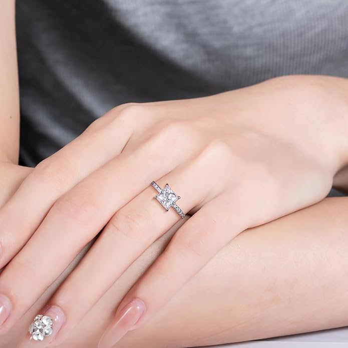 14K Solid Gold Side Stones Ring, Round/Princess Cut Centerpiece Moissanite Lab Grown Created Diamond, D Color and Flawless Real Gold Wedding Anniversary Ring