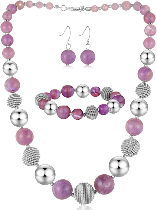 PEARL&CLUB Beaded Chunky Statement Necklace Earring and Bracelet Set Silver Metal Bead Fashion Jewelry Set Mothers’ Day Gifts for Women