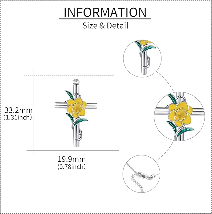 Flower Cross Necklace 925 Sterling Silver Carnation/Rose/Lily/Daisy Cross Necklace Birth Flower Jewelry for Women