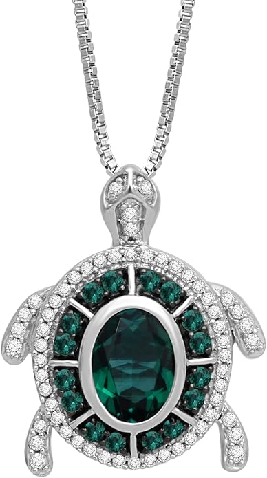 Jewelili Sterling Silver Turtle Birthstone Pendant Necklace | 7X5 MM Oval & 1.25 MM Round Cut Birthstone with Round Created White Sapphire Gemstones | 18" Box Chain | Luxury Jewelry Gift for Her | Gift Box Included