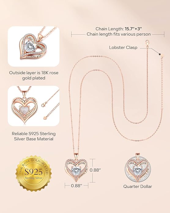 S925 Sterling Silver Necklace for Women, Wife Jewelry Rose Gold, Mom Birthday Valentines Mothers Day Gifts, Girlfriend Necklaces, Daughter Heart Jewel, Anniversary for Her