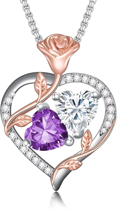 Jewelry for Her Double Heart Rose Birthstone Pendant Necklace Anniversary Jewelry Christmas Birthday Gifts for Women Wife Girlfriend