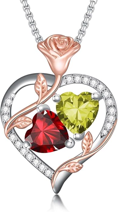 Jewelry for Her Double Heart Rose Birthstone Pendant Necklace Anniversary Jewelry Christmas Birthday Gifts for Women Wife Girlfriend