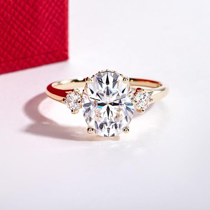 Solid 14K Gold 3.36ct Moissanite Three Stone Rings (3ct Center Stone), Round/Oval/Emerald Shape, Real Gold | D Color and Flawless Moissanite | Wedding Anniversary Ring