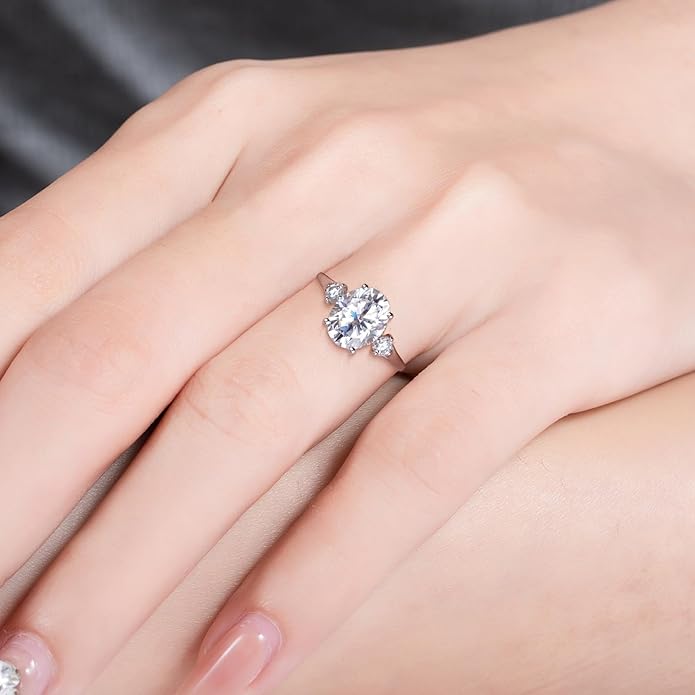 Solid 14K Gold 3.36ct Moissanite Three Stone Rings (3ct Center Stone), Round/Oval/Emerald Shape, Real Gold | D Color and Flawless Moissanite | Wedding Anniversary Ring