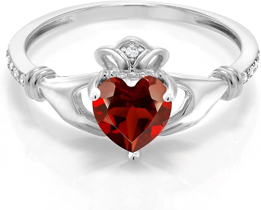 Gem Stone King 10K White Gold 6MM Heart Shape Gemstone Birthstone and White Diamond Irish Celtic Claddagh Engagement Ring | Gold Ring For Women | Available In Size 5, 6, 7, 8, 9