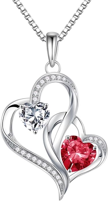 Iefil Birthstone Necklace for Women - 925 Sterling Silver Double Birthstone Heart Necklace | Anniversary Birthday Gifts for Women | Personalized Gifts | Jewelry Gifts for Wife Mom Girlfriend