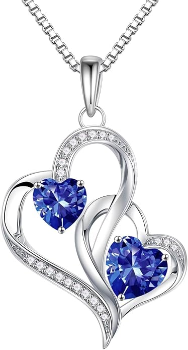 Iefil Birthstone Necklace for Women - 925 Sterling Silver Double Birthstone Heart Necklace | Anniversary Birthday Gifts for Women | Personalized Gifts | Jewelry Gifts for Wife Mom Girlfriend