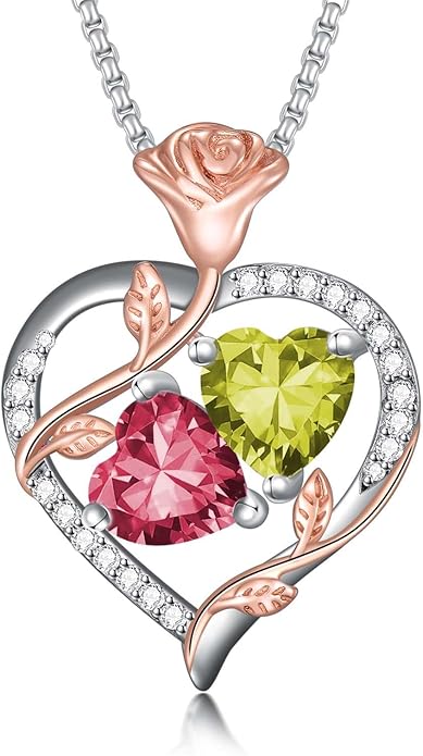 Jewelry for Her Double Heart Rose Birthstone Pendant Necklace Anniversary Jewelry Christmas Birthday Gifts for Women Wife Girlfriend