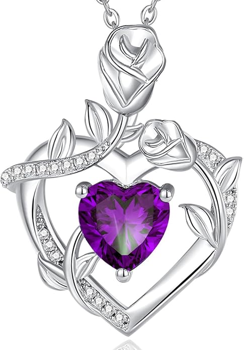 AGVANA Rose Birthstone Necklace for Women Sterling Silver Rose Flower Heart Necklace Fine Jewelry Anniversary Birthday Gifts for Women Wife Mom Her, Length: 18"+2"