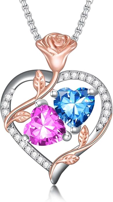 Jewelry for Her Double Heart Rose Birthstone Pendant Necklace Anniversary Jewelry Christmas Birthday Gifts for Women Wife Girlfriend