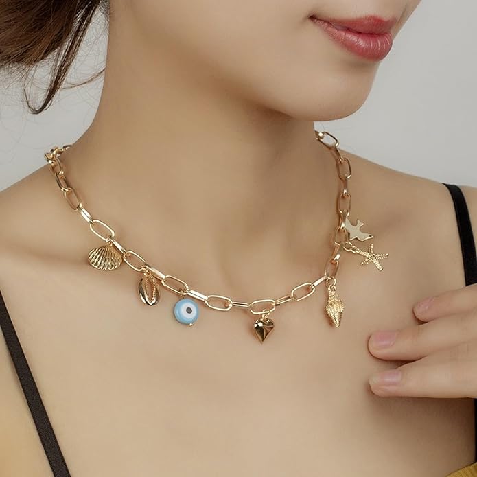 Choistily Charm Necklace Dainty Gold Western Outfit Beach Jewelry for Women Trendy Cowgirl Accessories for Women Gold Bow Sea Shell Pendant Necklace Preppy Stuff Summer Jewelry 2025