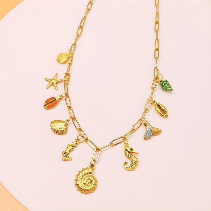 Chunky Retro Heart Necklace for Women Antique Layer Beach Ocean Moon Stars Western Boho Charm Necklaces Retro Link Chain Jewelry