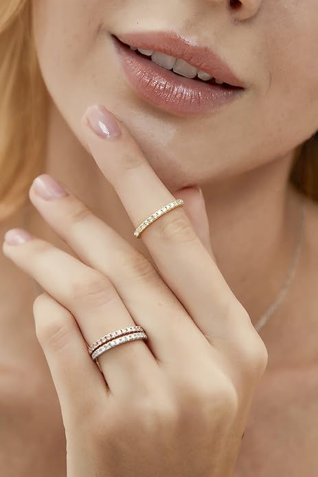 EAMTI 2mm 925 Sterling Silver Wedding Band Cubic Zirconia Half Eternity Stackable Engagement Ring Size 3-13