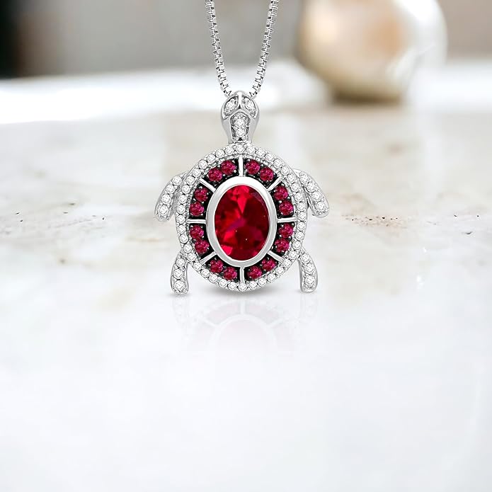 Jewelili Sterling Silver Turtle Birthstone Pendant Necklace | 7X5 MM Oval & 1.25 MM Round Cut Birthstone with Round Created White Sapphire Gemstones | 18" Box Chain | Luxury Jewelry Gift for Her | Gift Box Included