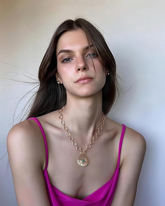 18k Gold Chain Link Necklace for Women, Baroque Pearl/Compass Pendant Necklace