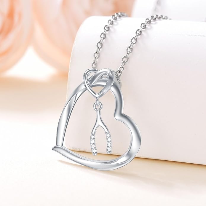 Diamond Heart Wishbone Necklace with Puffed Heart Charm 925 Sterling Silver Wishbone Heart Pendant for Women Jewelry Gifts for Mom