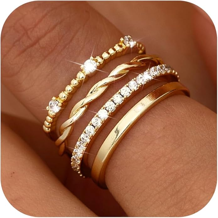 FUNRUN JEWELRY Stackable Gold Rings for Women Non Tarnish 14K Gold Plated Minimalist Cubic Zirconia Statement Engagement Promise Band Rings Thin Dainty Knuckle Thumb Ring Set Size 5-10