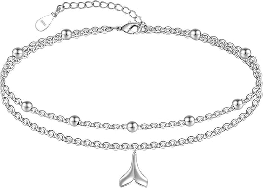 CHIC & ARTSY Womens Sterling Silver Created Opal Layered Anklet Bracelet Dainty Beaded Chain Adjustable 11" Best Friend Anklet