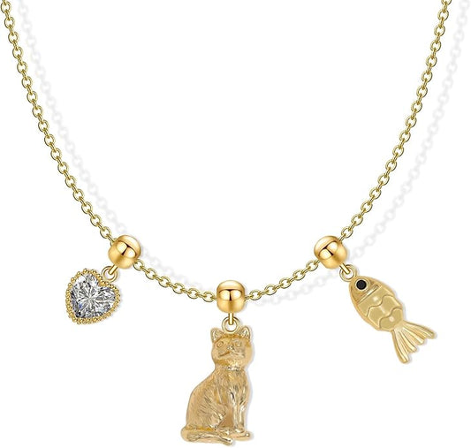 Summer Holiday Necklace,Dainty Chain, Charm Necklace For Women,Cute Cat Charm,Natural Pearls,18k Gold Plated,Choose Your Favorite Charm, Change Easily