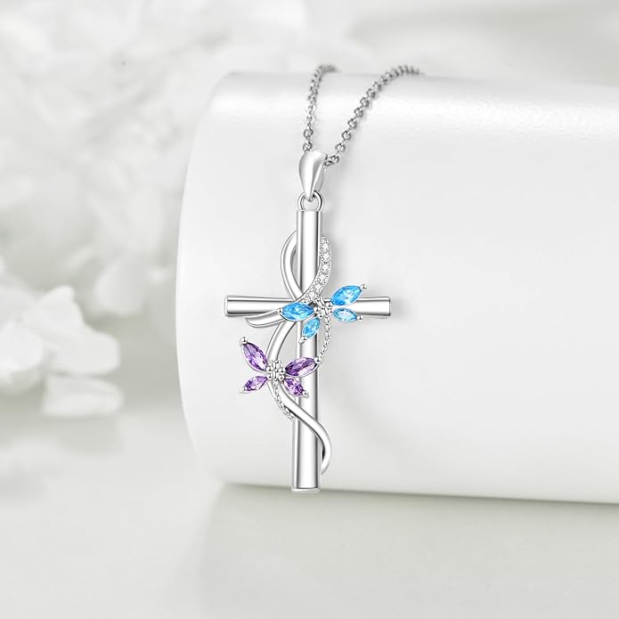 Flower Cross Necklace 925 Sterling Silver Carnation/Rose/Lily/Daisy Cross Necklace Birth Flower Jewelry for Women