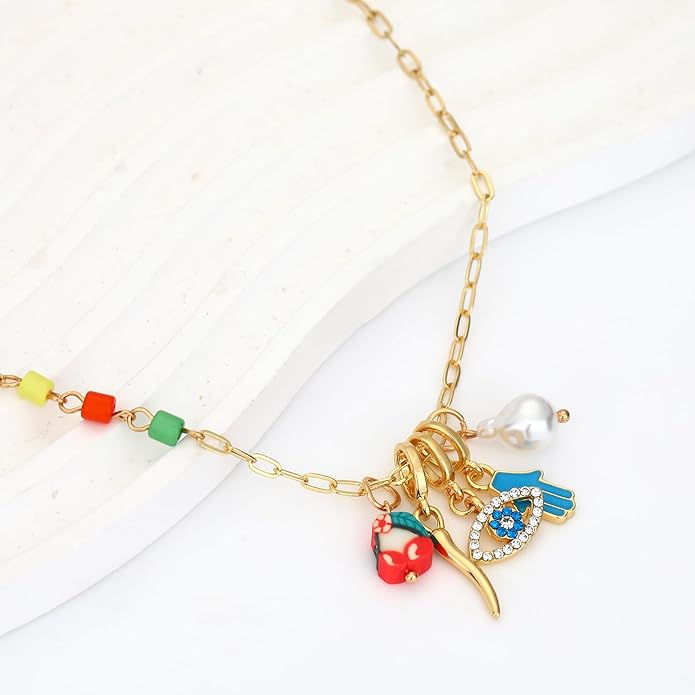 Charm Necklace for Women Gold Evil Eye Sun Moon Flower Coin Pendant Necklace Dainty Paperclip Chain Vintage Luck Amulet Choker Necklaces Celestial Jewelry Gift