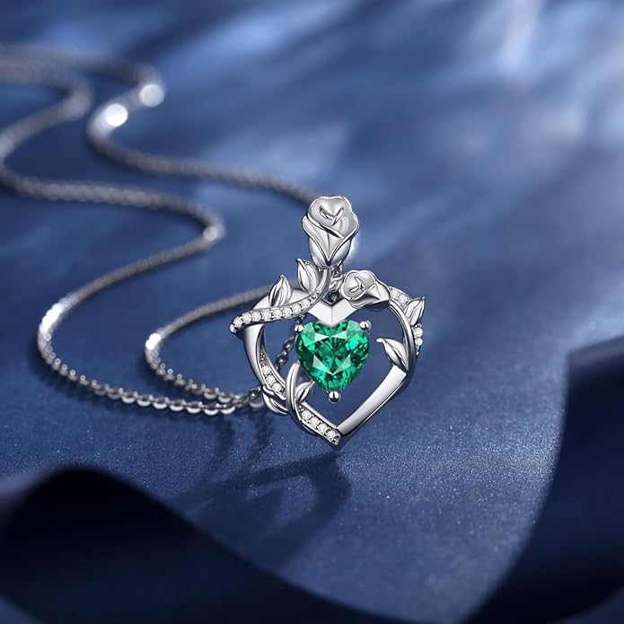 AGVANA Rose Birthstone Necklace for Women Sterling Silver Rose Flower Heart Necklace Fine Jewelry Anniversary Birthday Gifts for Women Wife Mom Her, Length: 18"+2"