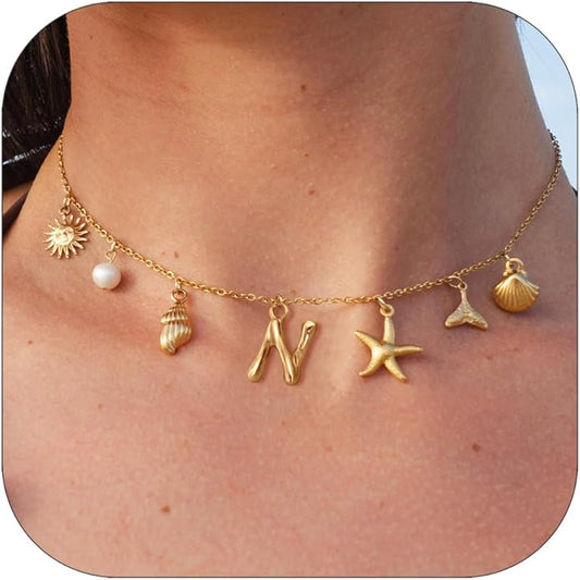 Initial Charm Necklace For Women Shell Letter Necklaces Gold Charms Pendant Boho Summer Seashell Beach 14k Starfish Surfer Jewelry Gifts