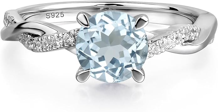 LUO 925 Sterling Silver 7x7mm Round Cut Gemstone Birthstone Rings for Women, Twist Infinity Engagement Ring Birthstone Jewelry Anniversary Wedding Promise for Lady Size 3-13