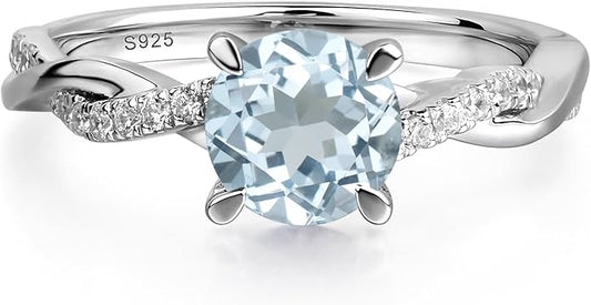 LUO 925 Sterling Silver 7x7mm Round Cut Gemstone Birthstone Rings for Women, Twist Infinity Engagement Ring Birthstone Jewelry Anniversary Wedding Promise for Lady Size 3-13