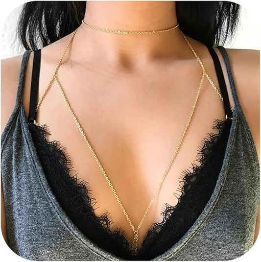 14K Gold Body Chains for Women, Sexy Layered Belly Waist Chain Bikini Bra Chain, Summer Beach Rhinestone Body Jewelry