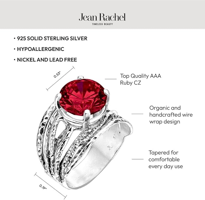 JEAN RACHEL JEWELRY 925 Sterling Silver Ring - Wrap Vintage Design with Prong Set Round Cubic Zirconia - Hypoallergenic, Lead & Nickel Free - Artisan Handcrafted Statement Rings for Women