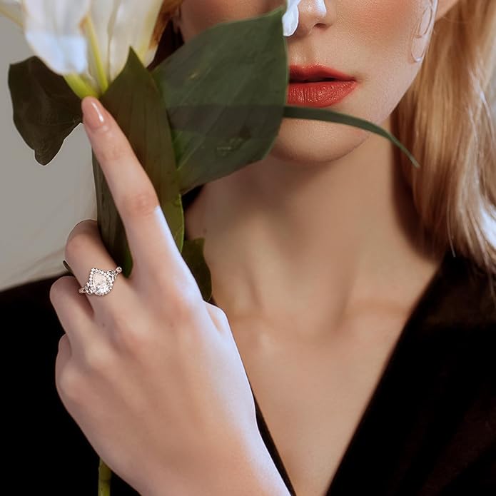 DAYBYDAY Celtic Birthstone Rings for Women 925 Sterling Silver Heart/Round/Pear/Oval Created Gemstone Moissanite Halo Engagement Promise Rings for Her Wife Birthday Anniversary Wedding Jewelry