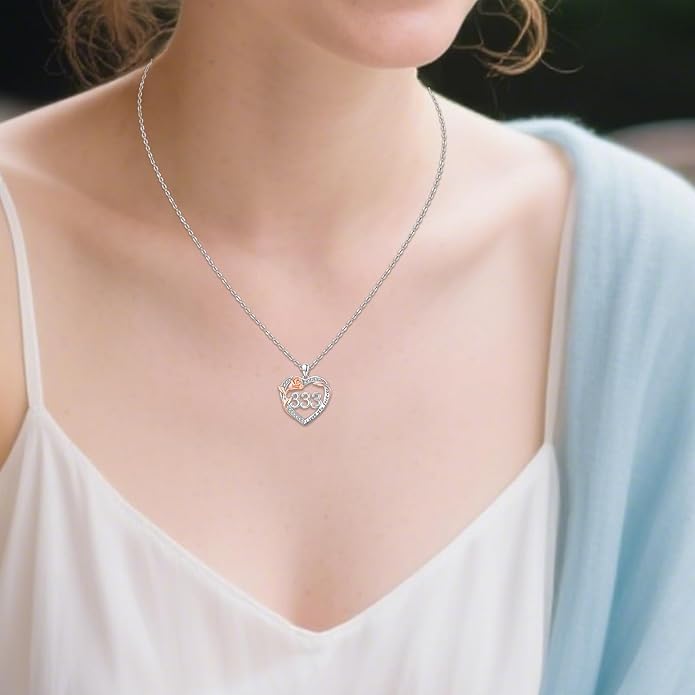 Number Necklace for Women 925 Sterling Silver Rose Angel Numbers Necklace Jewelry Birthday Gift for Grandma Mother