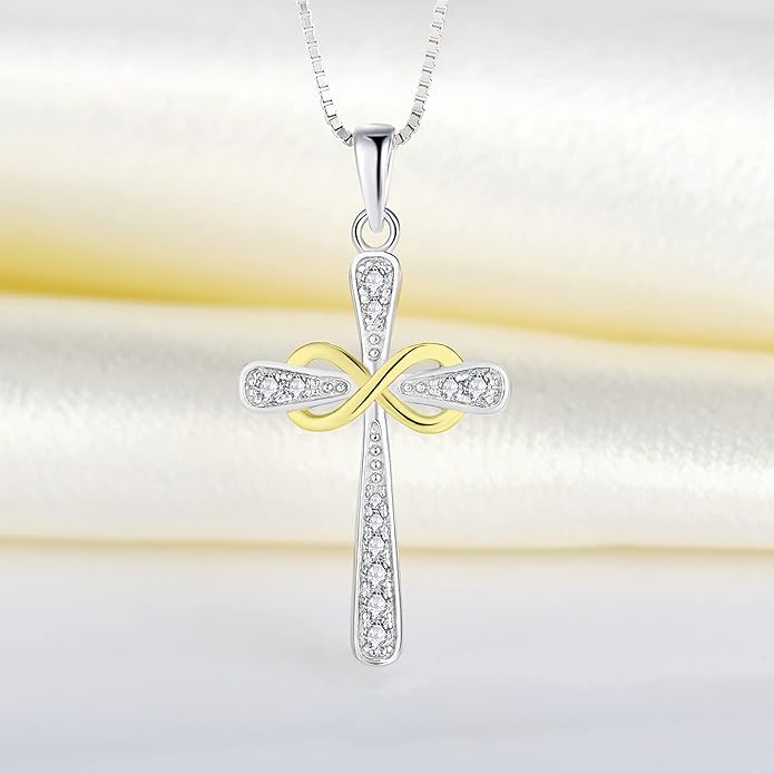 YL 925 Sterling Silver Cross Necklace for Women Halo Infinity Pendant Birthstone Jewelry for Mom