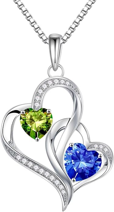 Iefil Birthstone Necklace for Women - 925 Sterling Silver Double Birthstone Heart Necklace | Anniversary Birthday Gifts for Women | Personalized Gifts | Jewelry Gifts for Wife Mom Girlfriend