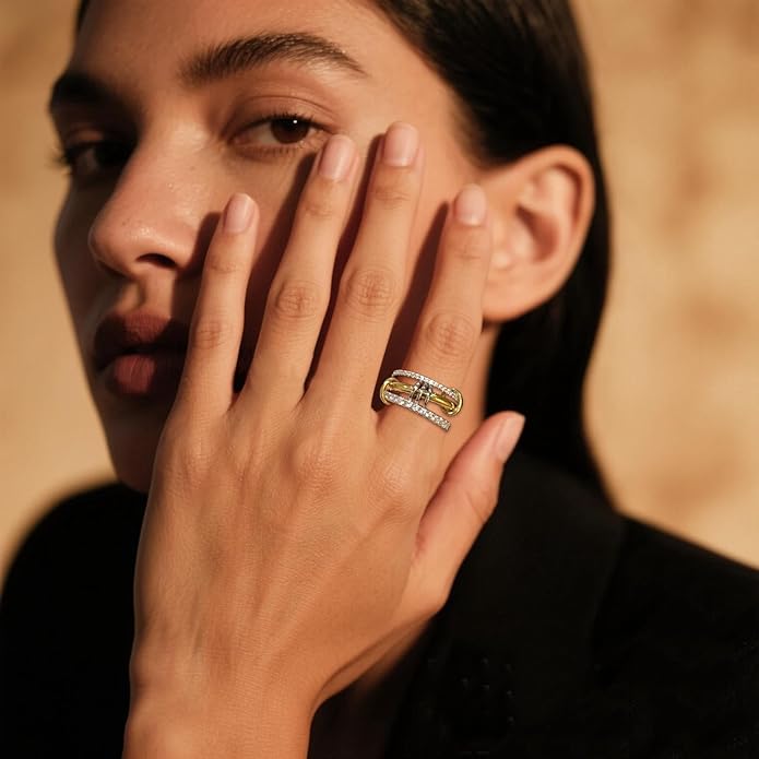 14K Gold Plated Interlocked Stackable Rings for Women Non Tarnish,Gold and Silver Cubic Zirconia Statement Rings Set,Mixed Metals Ring Two-Toned Connected Bands Stacking Jewelry