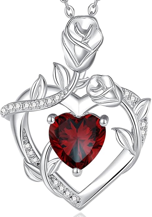 AGVANA Rose Birthstone Necklace for Women Sterling Silver Rose Flower Heart Necklace Fine Jewelry Anniversary Birthday Gifts for Women Wife Mom Her, Length: 18"+2"
