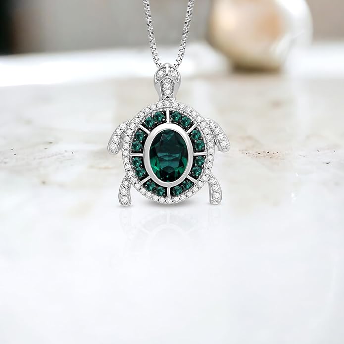 Jewelili Sterling Silver Turtle Birthstone Pendant Necklace | 7X5 MM Oval & 1.25 MM Round Cut Birthstone with Round Created White Sapphire Gemstones | 18" Box Chain | Luxury Jewelry Gift for Her | Gift Box Included