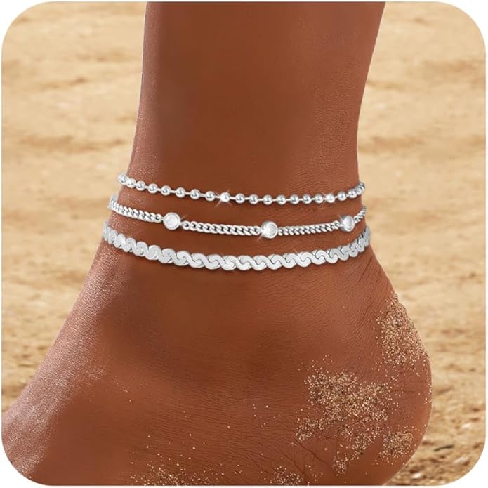 RLMOON Gold Anklets for Women CZ Ankle Bracelet 14K Gold Plated Waterproof Dainty Layered Tennis Heart Dot Chain Silver Clover Anklet Trendy Foot Jewelry