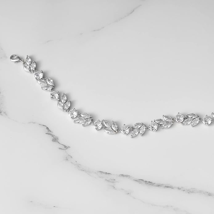 SWEETV Cubic Zirconia Wedding Bridal Bracelet for Brides,Bridesmaids, Silver Crystal Elegant Tennis Bracelet for Women Prom Jewelry Gifts