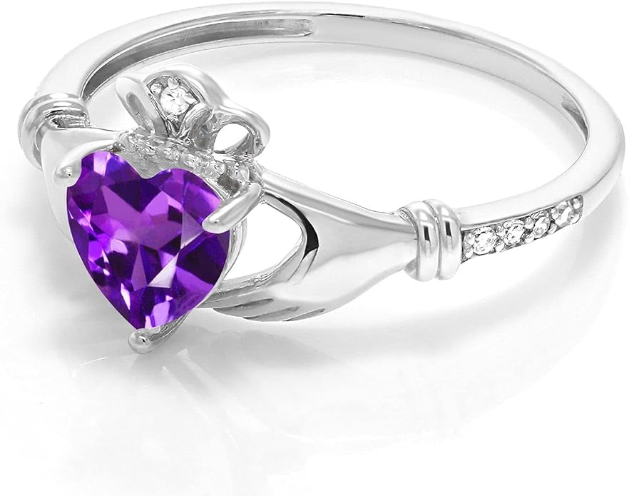 Gem Stone King 10K White Gold 6MM Heart Shape Gemstone Birthstone and White Diamond Irish Celtic Claddagh Engagement Ring | Gold Ring For Women | Available In Size 5, 6, 7, 8, 9