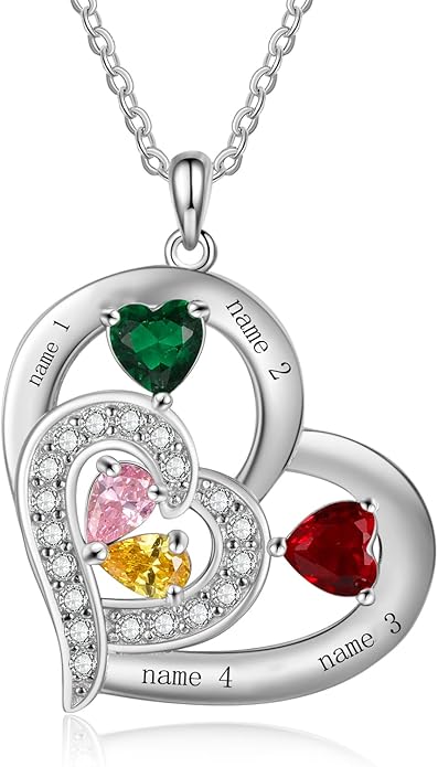 10K 14K 18K Gold Natural Diamond Personalized Mother Name Necklace with 1-6 Birthstones Sterling Silver Custom Heart Name Necklace for Women Mom Grandmother Wife Friend Gifts for Mother's Day