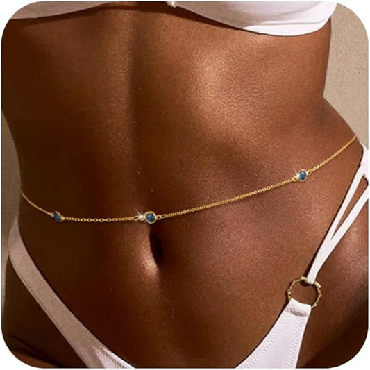 BERISO 14K Gold Plated Body Chain for Women - Sexy Waist Beads Chain, Adjustable Beach Body Jewelry, Elegant Bikini Belly Chain, Boho Festival Layered Body Jewelry (26.5-33 Inch)