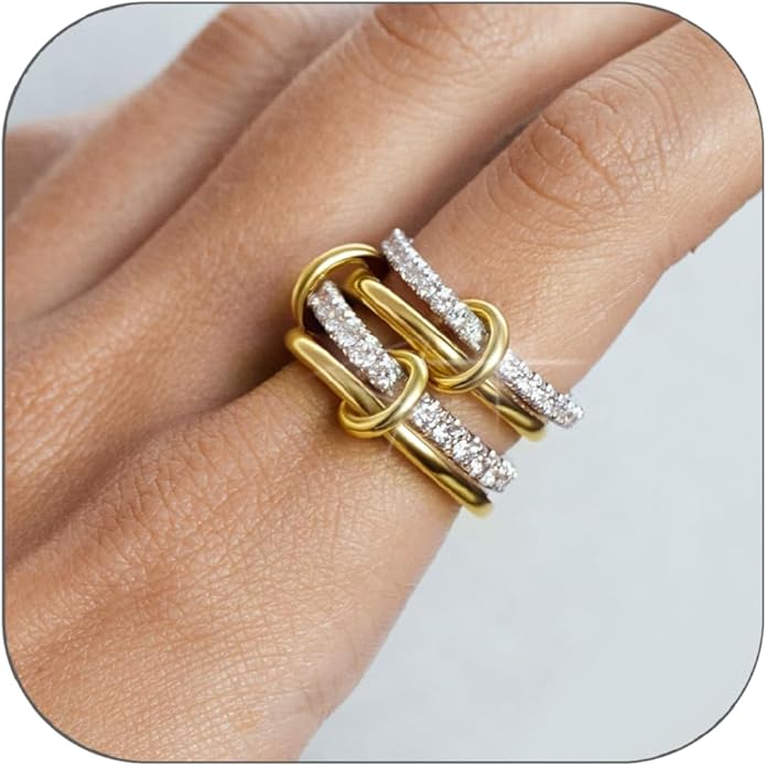 Gold Stackable Rings for Women Non Tarnish, 18k Gold Plated Cubic Zirconia Rings, Silver Gold Multi Ring Mixed Metals Stack Rings Set